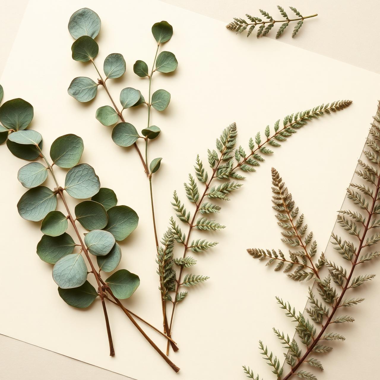 Pressed eucalyptus and fern on cream paper
