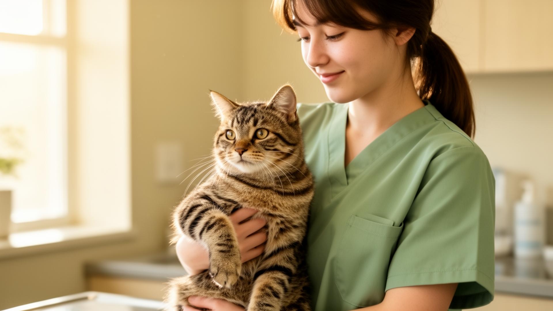 Veterinary student in sage scrubs gently holding a calm tabby cat in a sunlit clinic